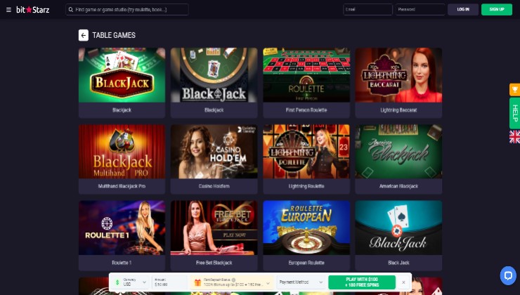 The Bitstarz online casino selection of table games, including blackjack