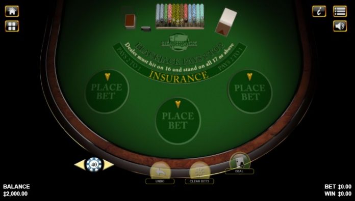 The home screen of an online blackjack game